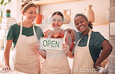 Small business, partnership and women with open sign for pottery startup, creative workshop and art studio. Smile Stock Photo