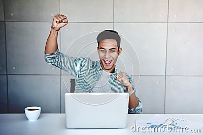 Small Business and Successful Concept. Young Asian Businessman Glad to recieve a Good News or High Profits Stock Photo