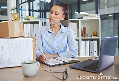 Small business, woman and inventory check, writing and checklist with entrepreneur and business owner, laptop and Stock Photo