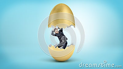 A small businessman revealed as just hatched from inside a cracked golden egg. Stock Photo