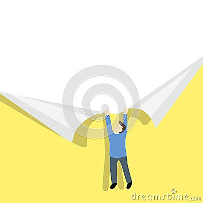 Small businessman ripping paper. Paper ripping yellow paper background with place for your text or image. Cartoon Illustration