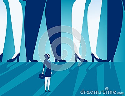 Small businesswoman standing under large business people. Concept business vector. Vector Illustration