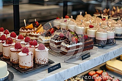 Small cakes on display at the patisserie counter Stock Photo