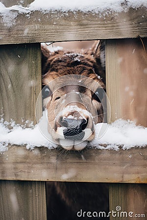 Small calf peeks out behind the fence. Young cow on the farm in winter. Stock Photo