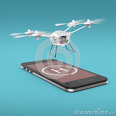 Small camera drone hovering above the touchscreen of mobile smartphone with helipad sign on screen. Concept for remote Stock Photo
