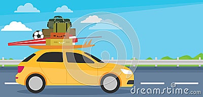 Small car going for holiday, Welcome vacation Vector Illustration