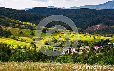 Small Carpathian village in mountains Stock Photo