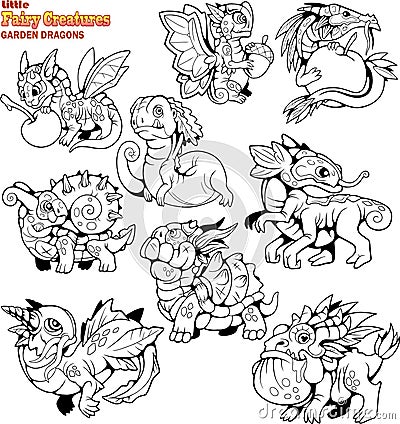 Small, cartoon, garden dragons, coloring book, set of funny images Vector Illustration