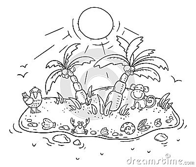 Small cartoon tropical island with palms and animals Vector Illustration