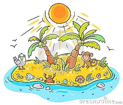 Small cartoon tropical island with palms and animals Vector Illustration