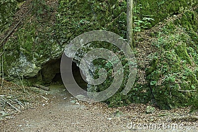Small cave entrance hole in the moss covered rock Stock Photo