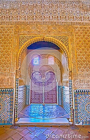 Small chamber in Ambassadors Hall, Comares Palace, Nasrid Palace, Alhambra, Granada, Spain Editorial Stock Photo