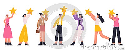 Small characters holding big gold rating stars. People hold stars, positive rating, customers feedback or good review Vector Illustration