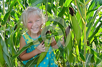 A small, cheerful girl among high, green corn Stock Photo