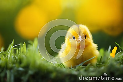 Small chick in a basket against the background of spring nature on Easter, in a bright sunny day at a ranch in a village Stock Photo