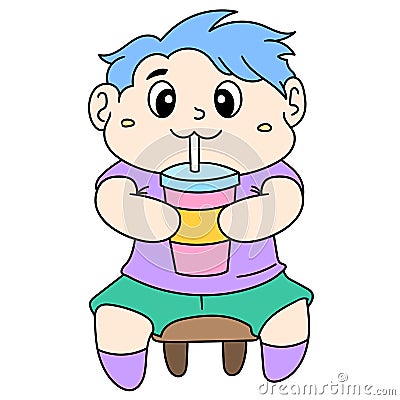 A small child is sitting cute drinking water from a glass, doodle icon image Vector Illustration