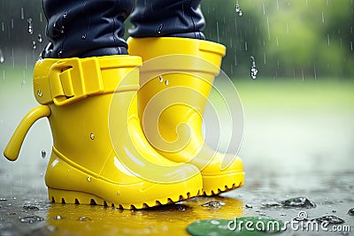 A small child yellow rubber boots, A picture of summer and autumn holidays. A child in the rain. ai generative Stock Photo