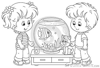 Small children with an aquarium fish and a kitten Vector Illustration