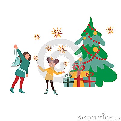 Small children celebrate the New Year. A cheerful little girl decorate the Christmas tree Stock Photo