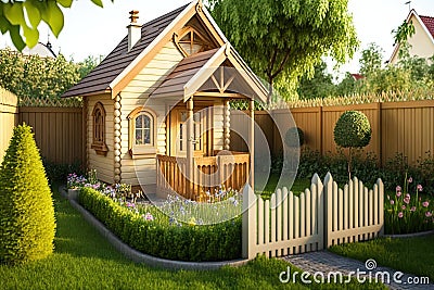 small children's wooden house in flower garden in yard of home cozy backyard Stock Photo