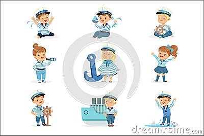 Small Children In Sailors Costumes Dreaming Of Sailing The Seas, Playing With Toys Adorable Cartoon Characters Vector Illustration