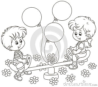 Small children on a toy swing on a playground Vector Illustration