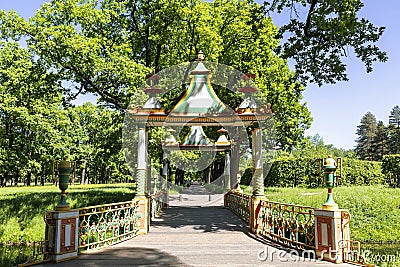 Small Chinese Bridge, stylized as Chinese architecture, in the Alexander Park of Tsarskoye Selo, St. Petersburg Editorial Stock Photo