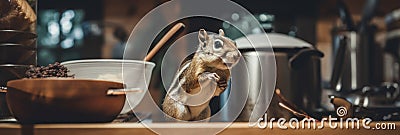 A small chipmunk standing on a kitchen counter. AI generative image. Stock Photo