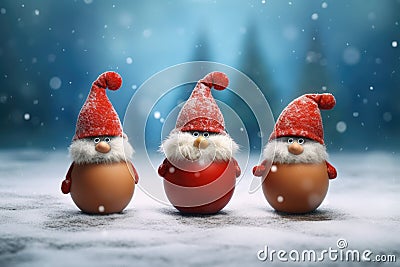 small Christmas gnomes in the snow in red hats Stock Photo