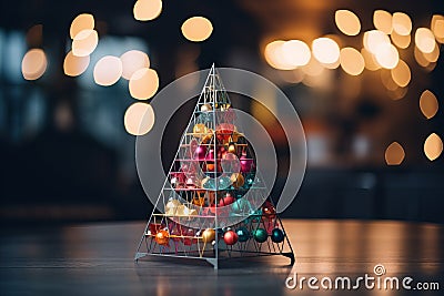 a small christmas tree sits on top of a table Stock Photo