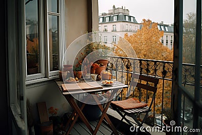 Small city terrace with table and chair in autumn. Town view on background Stock Photo