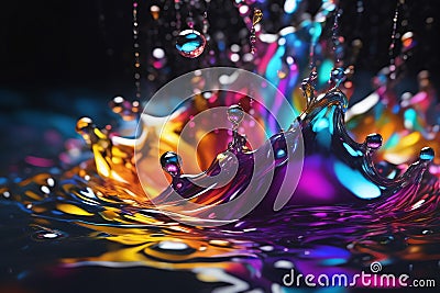 Small coloring water drops, Water splash, black background and white light generated AI Stock Photo