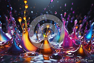 Small coloring water drops, Water splash, black background and white light generated AI Stock Photo