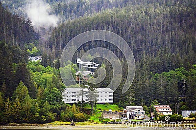 Seaplane approaching landing in Juneau, Alaska. Editorial Stock Photo