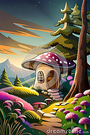Small cosy fairytale toadstool mushroom house Cartoon Illustration