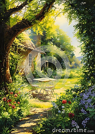 Small Cottage in the Foreground with Bright Volumetric Sunlight Stock Photo