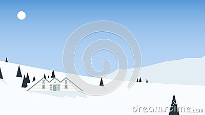 Small cottage located on mountain with scenic winter season Vector Illustration