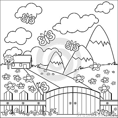 Small country house in the meadow and a wooden fence. Vector black and white coloring page. Vector Illustration