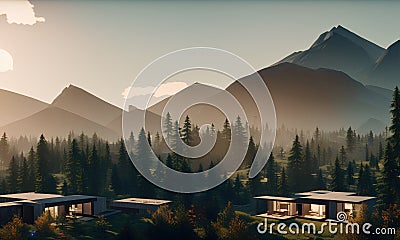 Small country houses under the mountain, generated by artificial intelligence Stock Photo