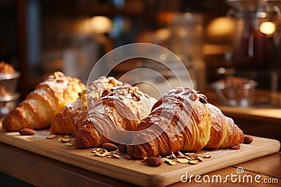 Small cozy cafe coffee shop bakery completing order business interior sunny morning light barista offers cheap hot tasty Stock Photo