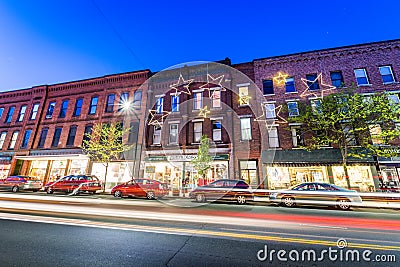 Small Cozy Downtown of Brattleboro, Vermont at Night Editorial Stock Photo