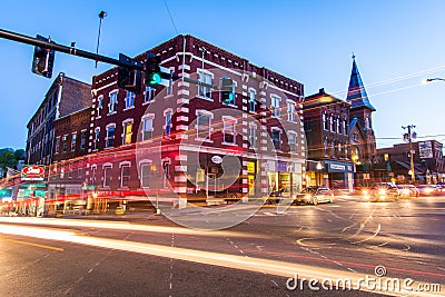 Small Cozy Downtown of Brattleboro, Vermont at Night Editorial Stock Photo