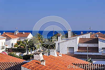 Small cozy resort town on Costa Dorada, Spain. Housetops. Stock Photo
