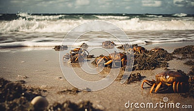 Small crab crawls on wet sand at waters edge generated by AI Stock Photo