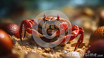 A small crab is sitting on the sand. Generative AI image. Stock Photo