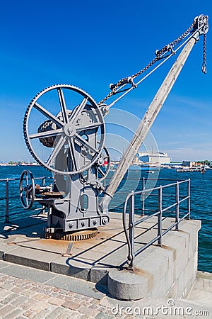 Small crane on Langelinie seaside promenade in Copenhagen, Denma Stock Photo