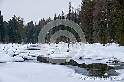 Small creek in Altai village Ust'-Lebed' in winter season Stock Photo