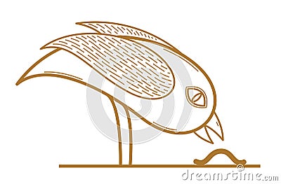 Small cute bird eating worm hunting linear vector illustration isolated on white. Vector Illustration