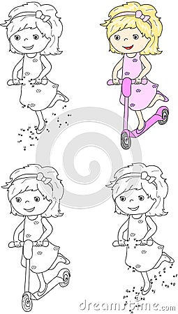 Small cute girl riding a scooter. Vector illustration. Coloring Vector Illustration