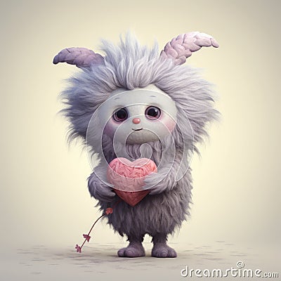 A small, cute, illustrated, fantasy, pastel color creature of wool holding a love heart Stock Photo
